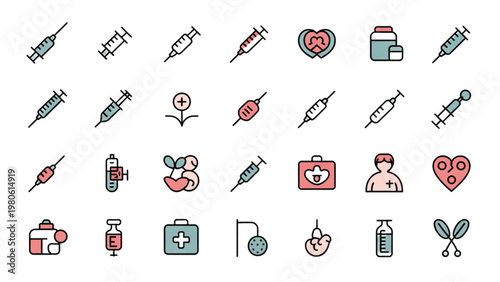 Injection and Vaccine Icons 28 Line Flat Color Symbols Healthcare UI Vector Set