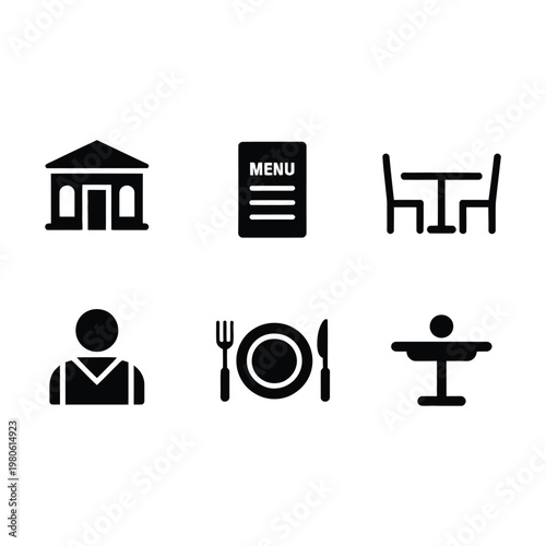 Restaurant service icons, building facade, menu board, formal waiter, dining table, plate fork knife, hospitality summit, catering expo vector silhouette