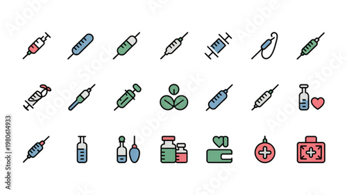 Injection and Vaccine Icons 28 Line Flat Color Symbols Healthcare UI Vector Set