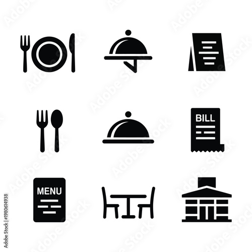 Table setting with fork spoon, cloche cover, menu card, cafe seating, restaurant building, food service training, hospitality workshop vector silhouette