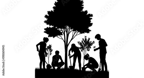 Group of volunteers planting trees together in a park.