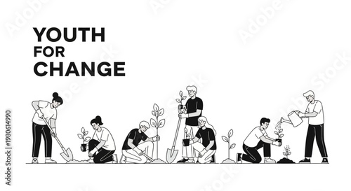 Diverse group of young volunteers planting trees and gardening together.