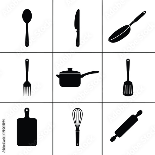 Cooking utensil grid icons, spoon fork knife, frying pan saucepan, whisk, cutting board, kitchen fair, culinary workshop vector silhouette