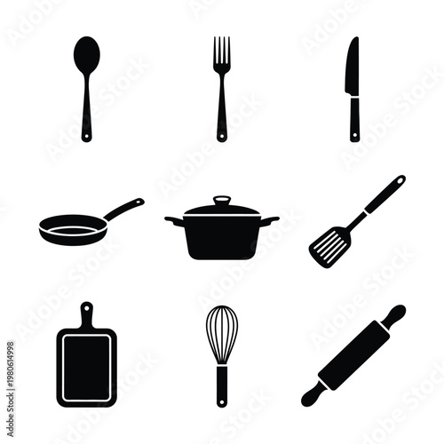 Culinary utensil silhouettes set, cooking workshop elements, spoon fork knife, frying pan, stock pot, whisk, rolling pin, cutting board vector