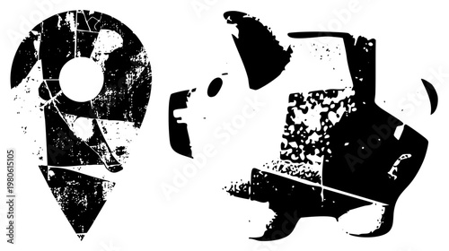 Abstract black and white vector map pin with cracked texture and rustic jug silhouette, both rendered in distressed, ideal for urban or travel themed design projects.