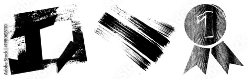 Stylized letter D with grunge texture, dynamic brush stroke graphics, first place award ribbon, design, vector illustrations.