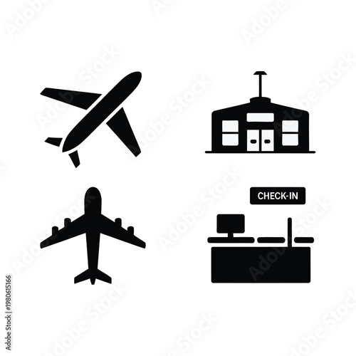 Aviation travel silhouettes set, airplane arrival, terminal building, check in counter, runway path, airport services, passenger journey, vector icons