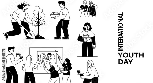 International Youth Day illustration set with diverse young people performing various social activities.