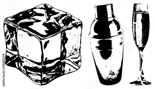 Artistic graphic featuring ice cube, cocktail shaker, and champagne flute, rendered in bold and high contrast shading, ideal for bar or mixology themes.