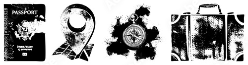 Travel themed vector including passport, map pin, compass, suitcase, halftone style, black and white, isolated graphic elements for navigation and journey concepts.