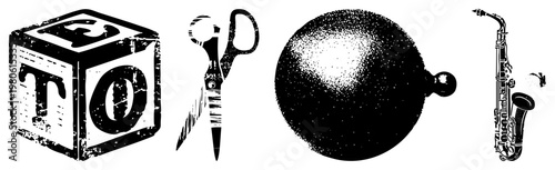 Wooden toy blocks featuring letters T and O, child educational toy, alphabet learning tool, retro stencil design, black and white vector illustration.