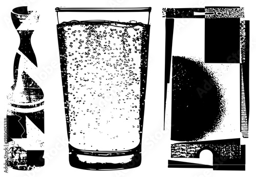 Grunge vector art soda bottle, glass, can with halftone & distressed edges. Retro packaging, high contrast black & white. Ideal for branding or vintage looks.