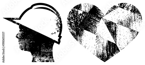 Grungy vector profile of construction worker with hard hat, paired with textured heart shape containing star fragment,, halftone style, industrial romance symbol.