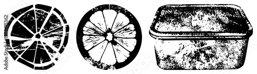 Stylized citrus sections with distressed textures, rustic container with speckled wear, halftone vector art, food illustration, graphic design elements.