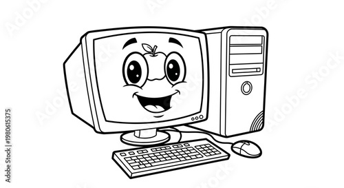 Cute Cartoon Computer Character Coloring Page for Kids