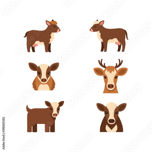 Cute Cartoon Cow and Deer Character Set