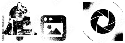 Pixelated notification bell, gallery, camera shutter symbol, distressed vector set, UI elements with grit, digital interface tools.