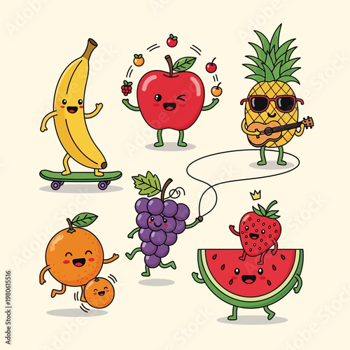 Cute Cartoon Fruits Character Set Playing and Having Fun