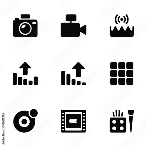 Media production icons set, camera, video camera, broadcast signal, chart graphic, menu layout, lens focus, frame, equalizer bars, vector illustration