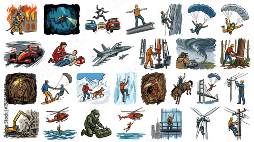 Collection of illustrations depicting various emergency situations, rescue operations, and hazardous professions.
