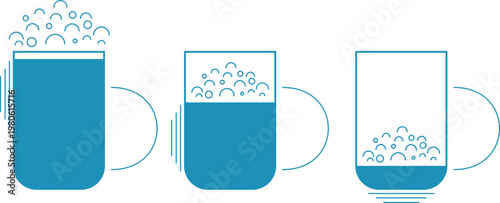 cups with foamy drinks and juices, foam and bubbles, tableware