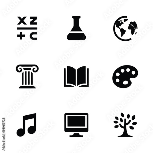 Curriculum icons pack, math symbols flask column open book palette music computer tree, classroom graphics, school activity set, silhouette vector