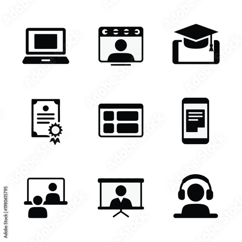 Online classroom icons, monitor interface, profile avatars, certificate badge, webinar screen, board display, headset support, remote training, silhouette vector, education