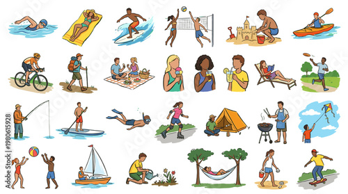 A vibrant collection of illustrations depicting people enjoying various outdoor summer activities and leisure pursuits.