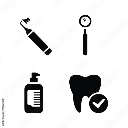 Teeth cleaning icon set, toothbrush dental mirror toothpaste bottle and approved tooth symbol, oral hygiene workshop, preventive care vector