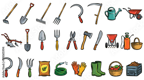 A comprehensive collection of various gardening and farming tools, including shovels, rakes, hoes, sickles, axes, watering cans, wheelbarrows, and more, arranged in a grid.