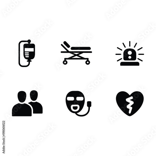 Ambulance triage icons, infusion bag, stretcher, emergency alarm, caregiver group, respirator mask, broken heart symbol, disaster drill training, vector silhouettes