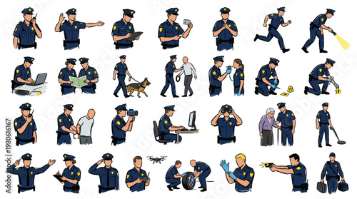 A comprehensive collection of illustrations depicting police officers engaged in various law enforcement activities and duties.