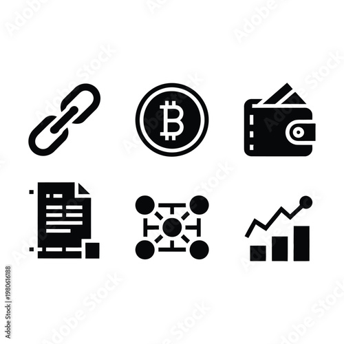 Cryptocurrency business icons set, chain link, digital coin, wallet, contract document, data nodes, market growth chart, fintech conference event, vector