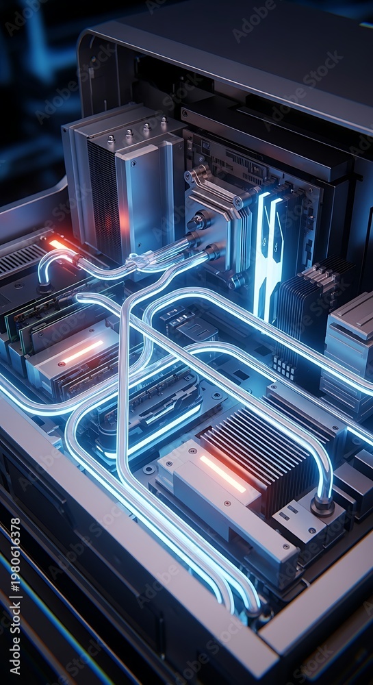 Fototapeta premium Futuristic computer hardware with glowing blue neon tubes and internal components, representing advanced technology and digital innovation