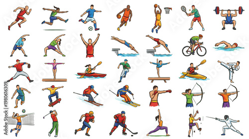 A comprehensive collection of diverse athletic figures engaged in various popular sports and recreational activities, showcasing dynamic movements and equipment.