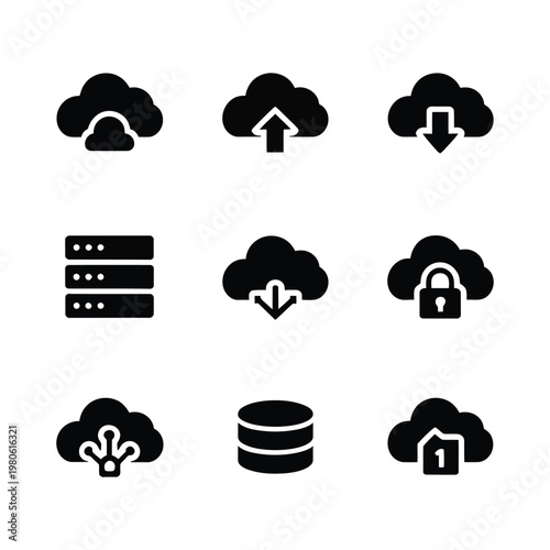 Cloud storage service icons set, upload arrow, download arrow, locked cloud, server database, online backup training workshop computing vector