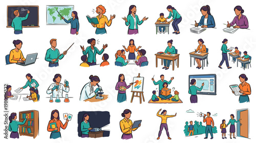 Diverse group of teachers and students engaged in various educational activities, illustrating a vibrant learning environment.