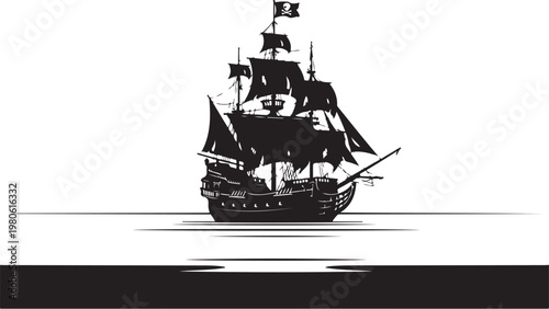 Black silhouette of a sailing ship on water white background