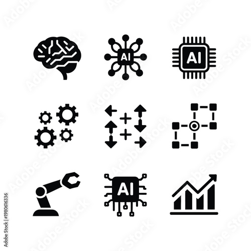 Ai automation icons set, workflow process, machine learning gears, data analytics chart, algorithm nodes, business conference, tech summit, silhouette vector