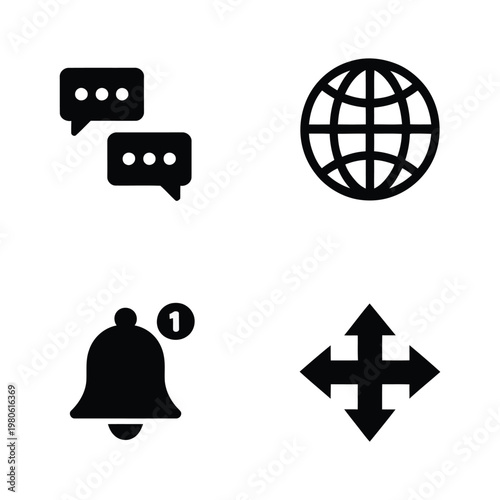 Global messaging icons set, chat bubbles, world network, notification bell, four way move arrow, app interface, communication toolkit, silhouette vector