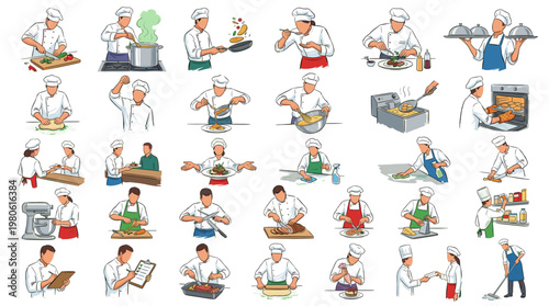 A comprehensive collection of diverse culinary actions performed by chefs in various kitchen settings, showcasing a wide range of cooking techniques and food preparation.