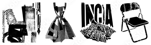 Black and white vector art featuring stylized chair, dress, and "INDIA" text with textured, abstract design, graphic illustration.