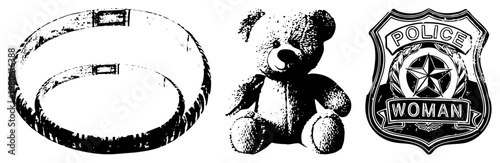 Police woman badge emblem, nostalgic teddy bear plush, rugged belt loop detail, vector art, isolated symbols, stylized.
