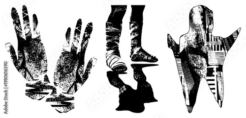 Graphic representation of hands, legs, and torso using bold and halftone textures, vector art, stylized human anatomy, isolated body elements, black and white illustration.