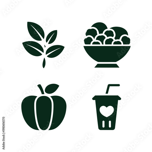 Organic food icons, sprout plant, salad bowl, green apple, smoothie cup, farmers market poster, nutrition workshop branding, eco lifestyle vector