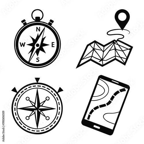A set of navigation icons including compasses and a smartphone with a map on its screen