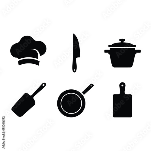 Kitchen utensil silhouette bundle, chef hat, knife, pan, pot, cutting board, culinary class poster, restaurant training session, vector illustration