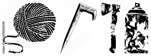 Ball of yarn, claw hammer,, spray can stylized tools and craft items, halftone texture, graphic design elements, isolated vector.