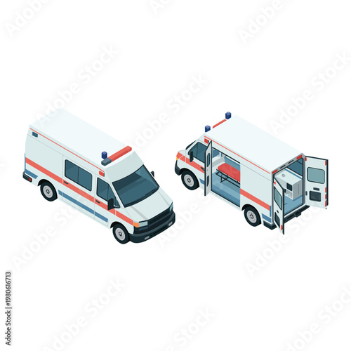 Ambulance icons set, isometric medical transport, emergency service poster, hospital outreach event, paramedic training session, first aid awareness vector
