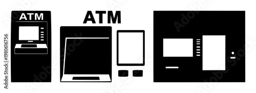 ATM icon set with solid black icon on white background featuring cash withdrawal, banking, electronic device with money and machine